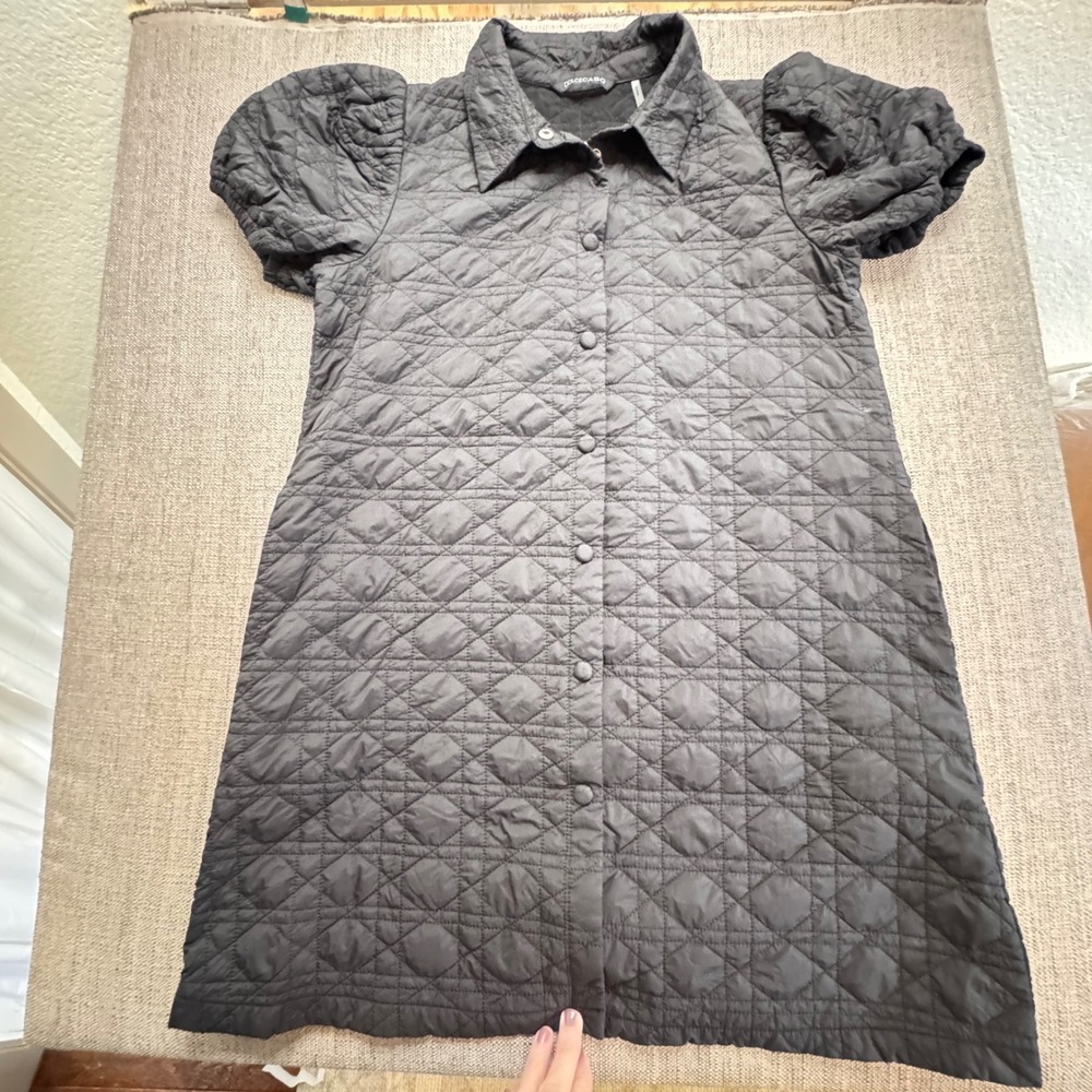 Dolce Cabo Black Quilted Puff Sleeve Snap Front Mini Dress Jacket Women's Large